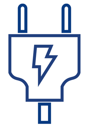 Blue outlined icon of an electrical plug with a lightning bolt symbol in the center, representing electrical hardware or power connection, on a white background.